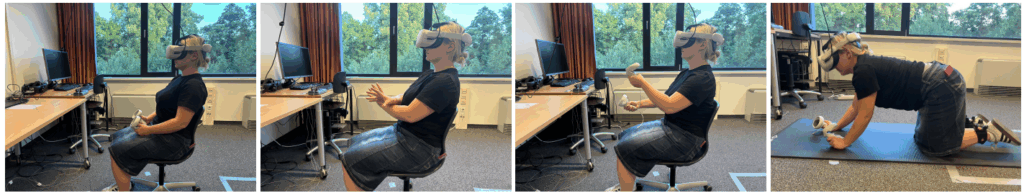 A person wearing a VR headset performs various upper body and kneeling exercises in an office setting.