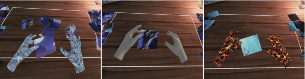 Three panels show virtual hands with different textures—ice, neutral, and lava—interacting with blue puzzle pieces on a wooden surface.