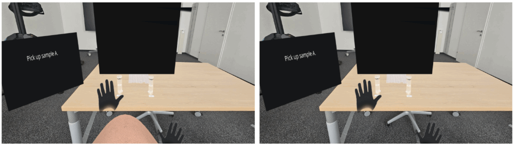 A virtual reality view shows two black gloved hands in front of a desk with two monitors, one displaying the text "Pick up probe with L," in an office setting. Left images shows the virtual nose, the right images shows the setting without a virtual nose.