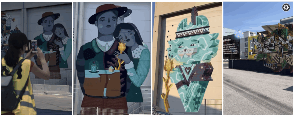 Four images show a person photographing vibrant, large-scale murals on building walls, featuring stylized human and abstract figures in various colors and patterns.