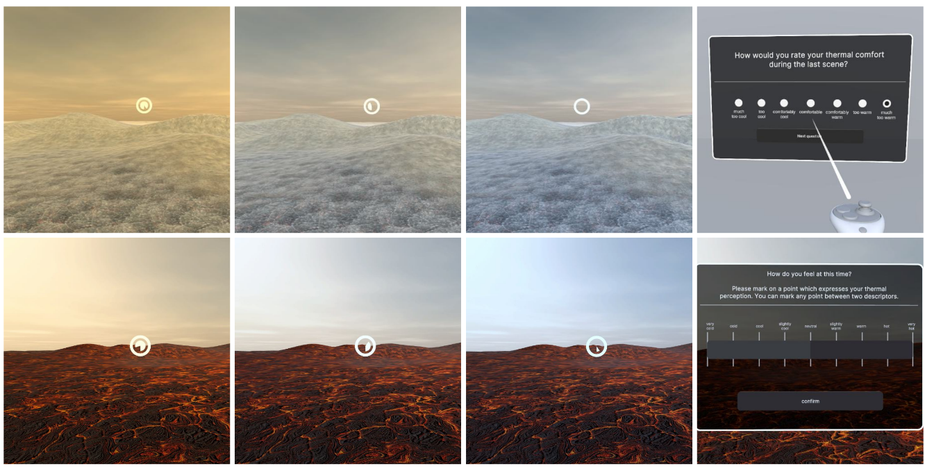 A sequence of eight images shows landscape scenes with different lighting and lava effects, alternating with two survey interface screens asking users about thermal comfort and heat level.