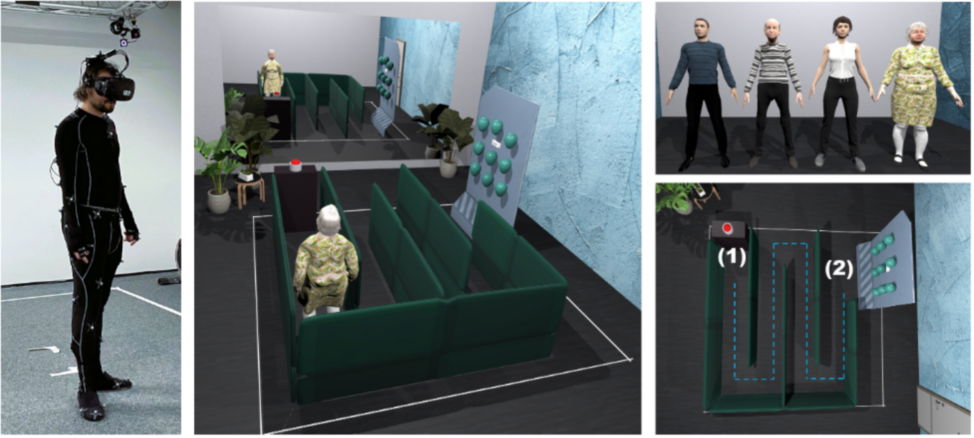 A person wearing a VR headset and motion suit faces a virtual courtroom scene with avatars, green benches, plants, and a control panel; diagrams show avatar lineup and room layout.
