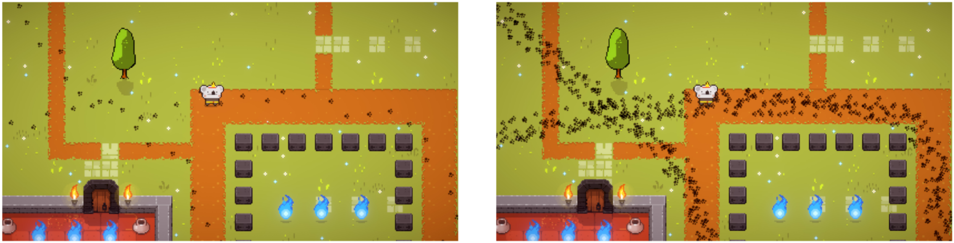 Side-by-side game screenshots: left shows clear orange paths; right shows the paths covered by swarming black ants.