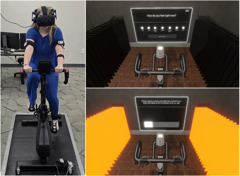 A person uses a stationary bike while wearing a VR headset; VR screenshots show digital survey questions and a virtual cycling environment containing a virtual heater that is either activated or deactivated.