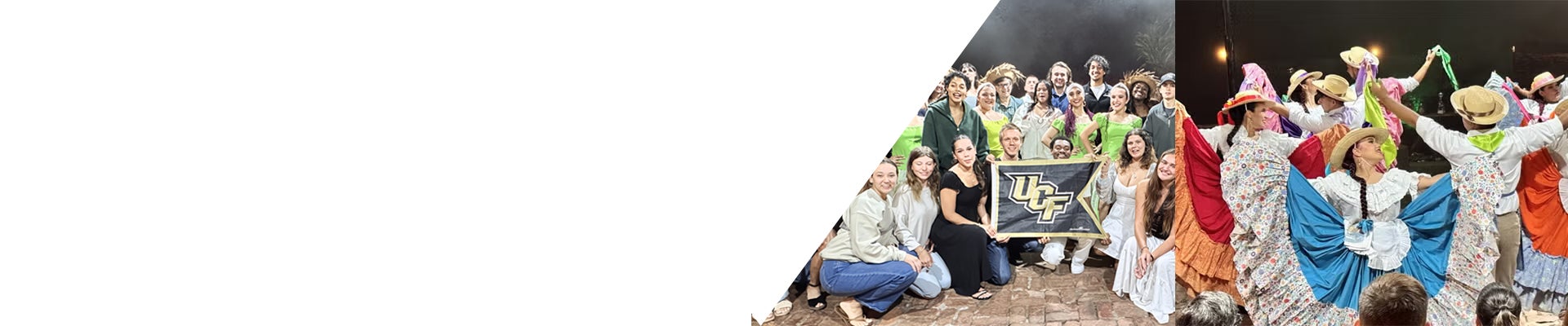 A group of people pose with a UCF flag, while others in colorful traditional costumes dance on stage.