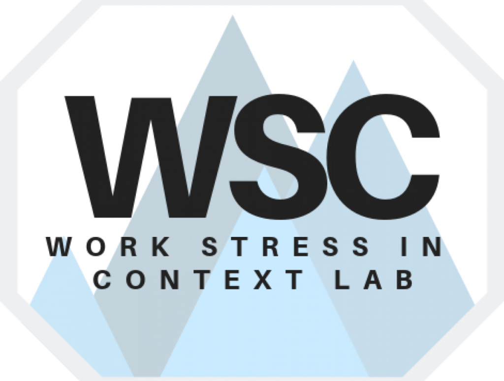 Logo with large "WSC" letters above the words "Work Stress in Context Lab," with overlapping blue mountain shapes in the background.