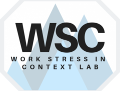 Logo with large letters "WSC" and smaller text below reading "Work Stress in Context Lab," set against overlapping light blue mountain shapes.