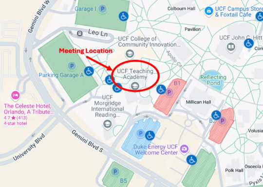 Map showing the UCF Teaching Academy circled in red with "Meeting Location" labeled; nearby parking garages and buildings are also marked.