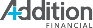 Addition Financial logo with the word "Addition" in dark gray, featuring a blue plus sign integrated into the "A," and "Financial" in smaller gray letters below.