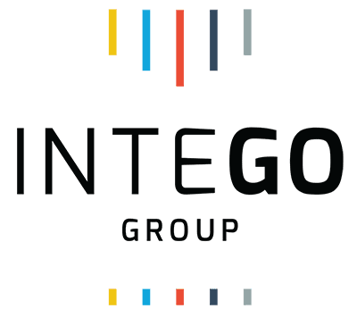 Logo of INTEGO GROUP with the word "GROUP" below and colored vertical bars above and below the text in yellow, blue, red, and gray on a light background.