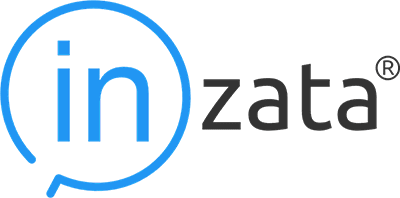 Inzata logo featuring the word "inzata" with "in" inside a blue speech bubble outline and the rest in black text.