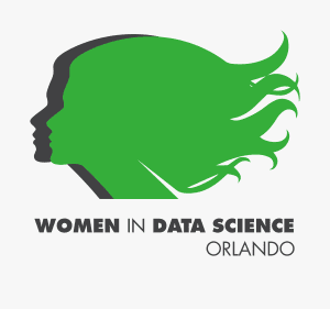 Logo featuring two overlapping female silhouettes with flowing green hair, accompanied by the text "Women in Data Science Orlando.