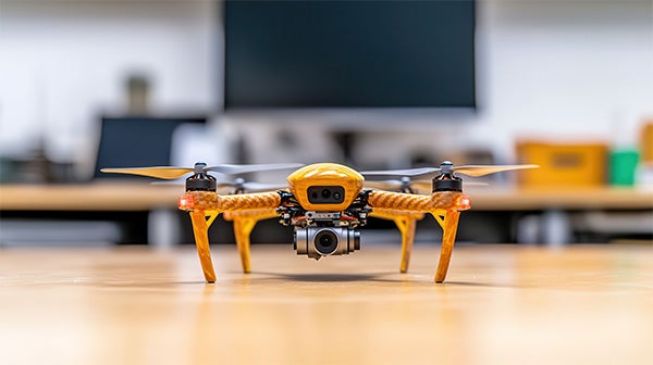 A yellow quadcopter drone with a camera hovers over a wooden table in a blurred indoor setting.