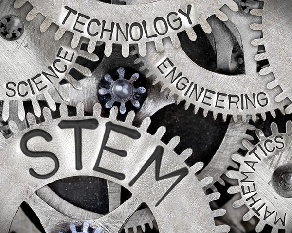 Interlocking gears labeled Science, Technology, Engineering, and Mathematics, representing STEM fields.