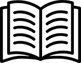 Black and white icon of an open book with visible lines representing text on both pages.