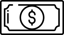 Black and white icon of a paper money bill featuring a dollar sign in the center.