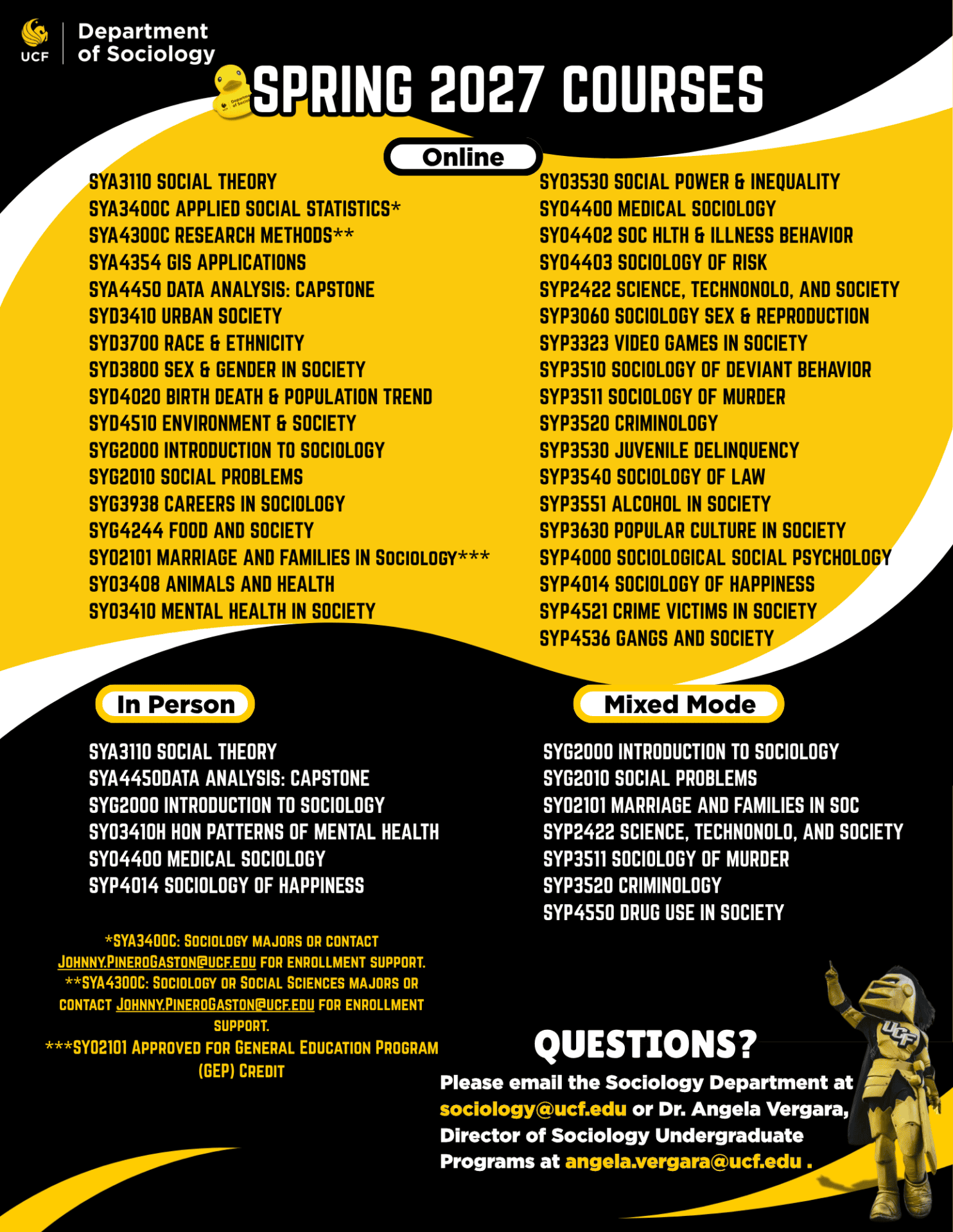 UCF Spring 2027 Sociology course list flyer with three sections: Online, In Person, and Mixed Mode; includes course codes, titles, and department contact info.
