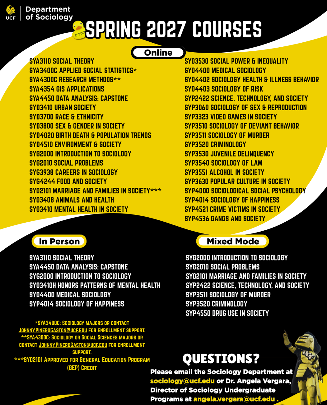 Course listings for UCR’s Department of Sociology Spring 2027, divided into Online, In Person, and Mixed Mode sections, with contact information and a cartoon bear at the bottom right.
