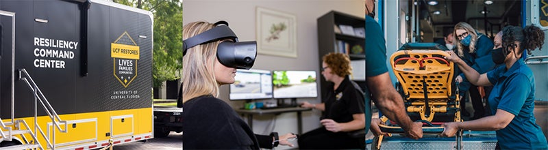 A mobile command center, a person using a VR headset in a training room, and paramedics handling a stretcher inside an ambulance.