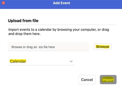 Screenshot of an "Add Event" window for importing calendar events from a .ics file, with options to browse, select a calendar, cancel, or import the file.