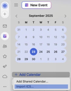 A digital calendar interface shows September 2025 with the 23rd highlighted. A menu at the bottom displays options to add a shared calendar or import an ICS file.