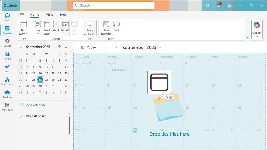 Screenshot of the Outlook calendar interface for September 2025, showing an active area to drag and drop .ics files for calendar import.