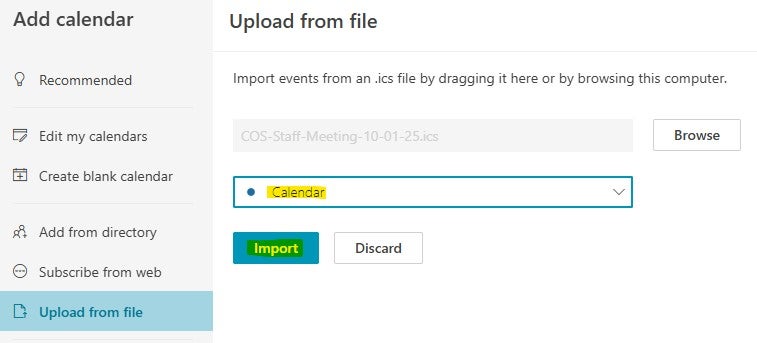 Screenshot of a calendar app’s “Upload from file” screen, showing a file ready to import, with the “Calendar” option selected and Import and Discard buttons below.