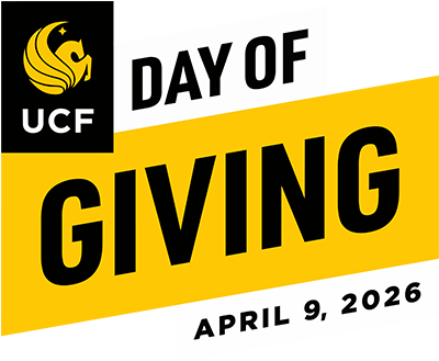 UCF Day of Giving promotional graphic with UCF logo and text reading "Day of Giving, April 9, 2026" on a yellow and white background.
