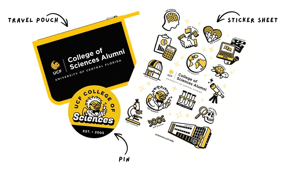 A black and yellow UCF College of Sciences Alumni travel pouch, a pin, and a sticker sheet with science-themed icons.